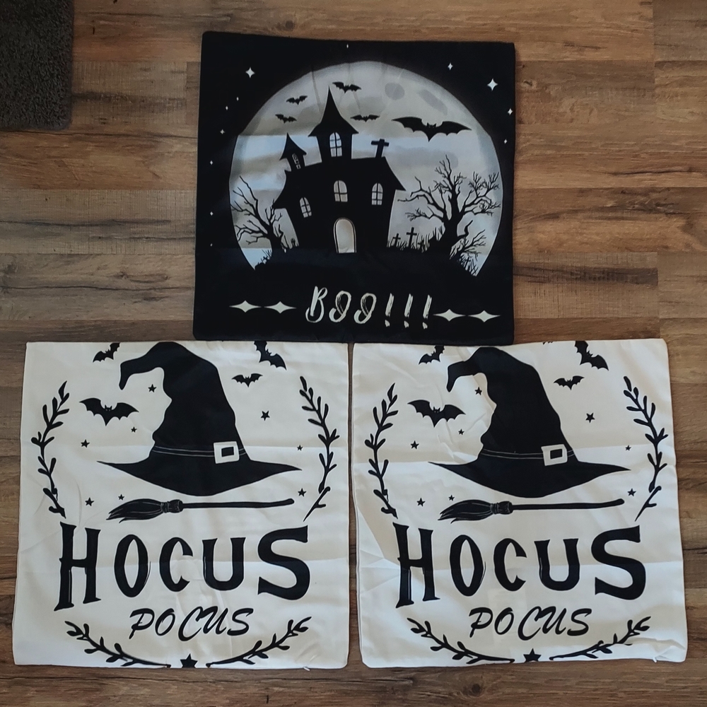 Total Of Three 18×18 Halloween Themed Zip Up Pillow Covers 2  Hocus Pocus 1 Boo